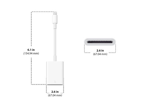 Diagram of Apple Lightning To SD Card Camera Reader size and dimenions