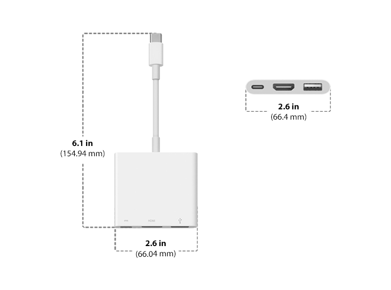 Diagram showing Apple USB-C Digital AV Multiport Adapter size and dimensions