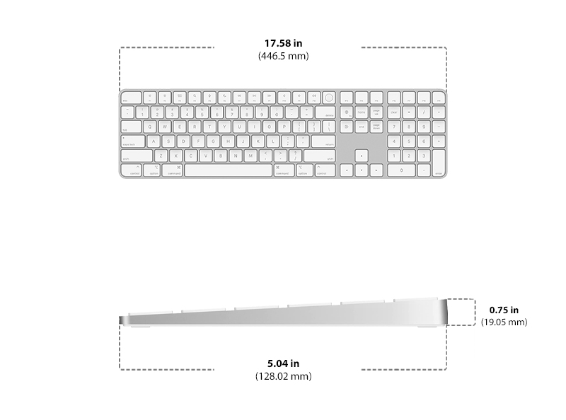 Diagram showing Apple Magic Full-size Keyboard with Touch ID size and dimensions