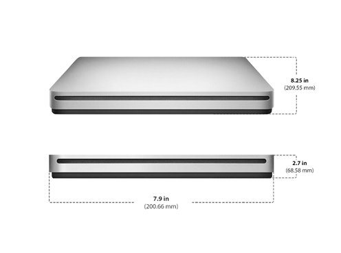 Diagram showing Apple USB SuperDrive size and dimensions